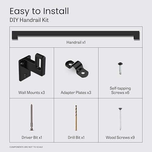 Modern Aluminum Handrail Complete DIY Kit – Matte Black with Adjustable Wall Mount Brackets Included (6' Length)