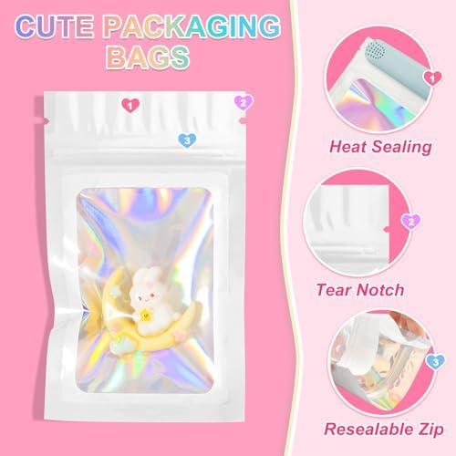 ANZNKU 100 Pack Holographic Bags, Smell Proof Packaging Bag, Clear Window Resealable Goodie Pouch Mylar Bags for Food Storage, Gift Bag for Easter Candy Jewelry Lash Lipgloss (White, 2.4 x 3.9 Inch)