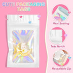 ANZNKU 100 Pack Holographic Bags, Smell Proof Packaging Bag, Clear Window Resealable Goodie Pouch Mylar Bags for Food Storage, Gift Bag for Easter Candy Jewelry Lash Lipgloss (White, 2.4 x 3.9 Inch)