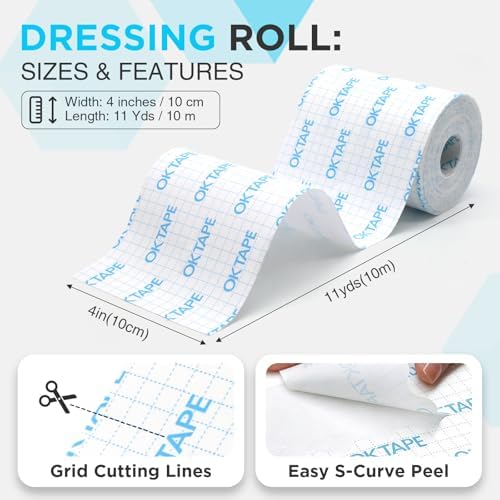 OK TAPE Dressing Retention Tape for Wound Care, Medical Tape for Gauze & Bandage Fixation, Surgical Tape 4" x 11 Yds, Latex-Free Gentle on Sensitive Skin (1 Pack)