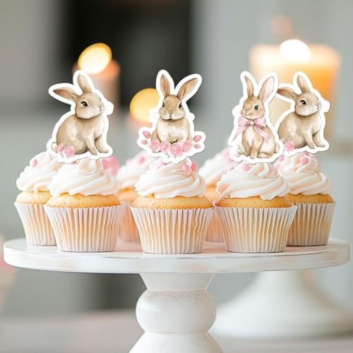 36Pcs Bunny Cupcake Toppers, Pink Bow Floral Bunny Birthday Cupcake Picks Rabbit Theme Party Decoration for Girls Birthday Party Baby Shower Supplies