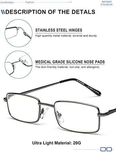 SKYWAY Mens Reading Glasses Blue Light Blocking, Stylish Metal Frame Computer Readers for Men Anti Glare UV Protection