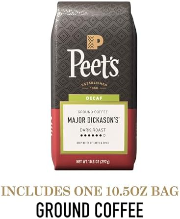 Peet's Coffee, Dark Roast Ground Coffee, Decaffeinated Arabica Coffee - Decaf Major Dickason's Blend 10.5 Ounce Bag