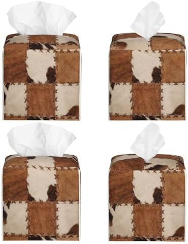 Western Cow Brown Cowhide Print Tissue Box Cover Square Pu Leather Tissue Holder Facial Tissue Case Facial Paper Organizer Dispenser for Home Bedroom Dresser Night Stand Office Desk Car