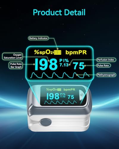 HealthTree JKS50B Fingertip Pulse Oximeter Blood Oxygen Saturation Monitor Pulse Ox, Heart Rate and Fast Spo2 Reading Oxygen Meter with OLED Screen Included Lanyard and 2 X AAA Batteries