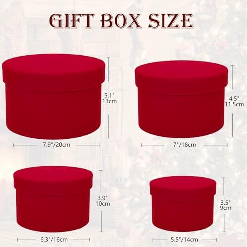 GnFlus Red Gift Boxes with Lids for Presents Set of 4 Round Velvet Nesting Christmas Gifts Box for Arrangements Flowers Wedding Birthday Valentines Bridesmaid Party Anniversary