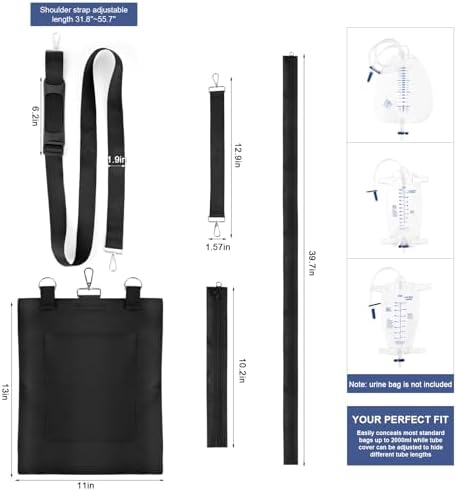 Catheter Bag Holder, Urine Drainage Bag Holder, Zipper Pipe Sleeve & Adjustable Strap, for Urostomy Privacy & Dignity, Straps for Wheelchair, Walker & Bed, Men & Women (Black)
