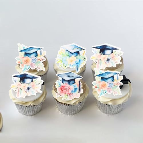 60 PCS Edible Graduation Cap Cupcake Toppers Wafer Paper 2026 Graduation Party Cake Decorations Flower Class of 2026 Grad Cap Cupcake Picks for 2026 Graduate Theme Party Food Decorations Supplies
