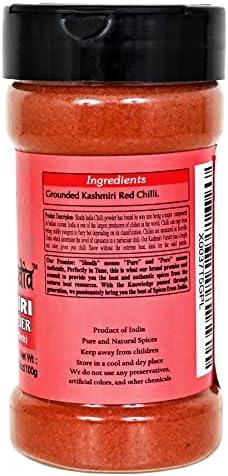 Shudh India Kashmiri Chili Powder (Deggi Mirch, Low Heat) 3.5oz (100g) Shaker Top PET Jar | Authentic Indian Spice | All Natural | Salt-Free | Vegan | Gluten Free | Indian Origin |