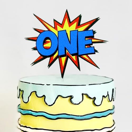 Comic Superhero One Cake Topper, Superhero Theme 1st First Birthday Cake Smash Décor, Comic Superhero Party Decoration Supplies, Comic Book Explosion Boom One Cake Décor for Boys Kids