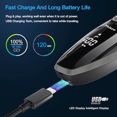 Electric Razor for Men - Phisco Electric Shavers for Man Face, USB Rechargeable, Waterproof Wet Dry Razors with Pop-Up Trimmer, LED Display, Travel Lock