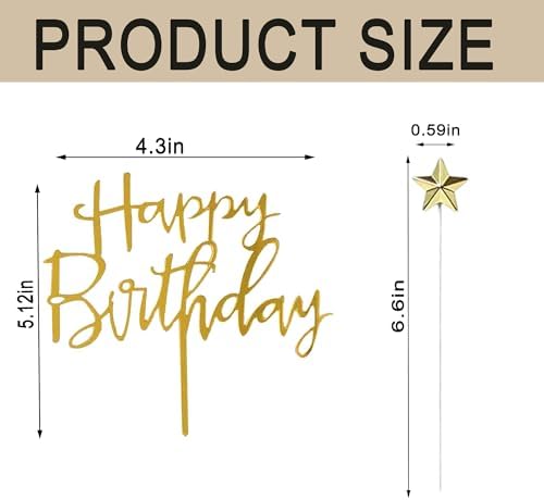 Set of 1 Gold Acrylic Happy birthday Cake Topper, Gold Star Birthday Cake Decoration Birthday Party Decoration Ideas for Children or Adults Various Cake Topper Supplies