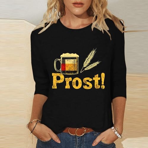 Oktoberfest Shirts for Womens 3/4 Length Sleeves Crewneck Plus Size Loose Comfy T-Shirts Beer Festival Blouse Tops
