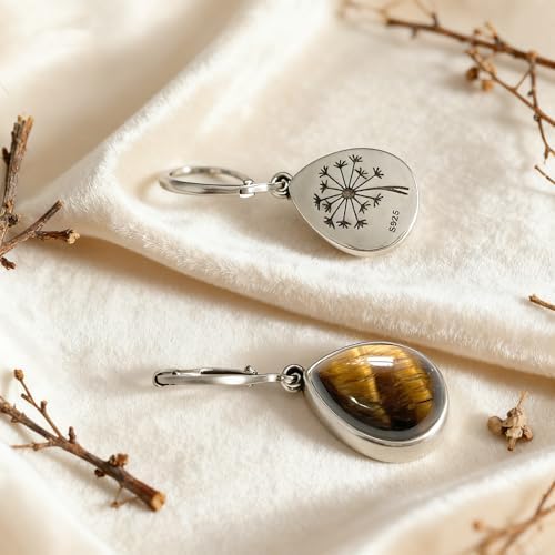 Natural Simple Oval Waterdrop Stone Drop Earrings,925 Sterling Silver Real Genuine Crystal Quartz Gemstone Dandelion Flower Statement Dangle Earrings for Women Her