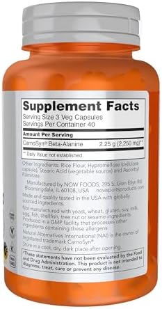 NOW Foods Sports Nutrition, Beta-Alanine 750 mg, Delays Muscle Fatigue*, Endurance*, 120 Veg Capsules