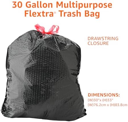 Amazon Basics 30 Gallon Flextra Strength Multipurpose Drawstring Trash Bags, 20% Post Consumer Recycled Material, Tear Resistant, Black, 50 Count