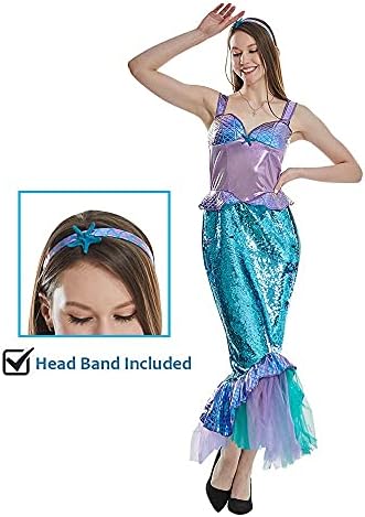ReneeCho The Mermaid Costume for Women Halloween Sea-maid Tail Dress Adult Blue Sequins Skirts