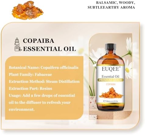 EUQEE Copaiba Essential Oil 118 ml Pure Copaiba Oil Essential Oil with Dropper for Diffusers, DIY Soap, Candle Making, Aromatherapy (4fl oz)