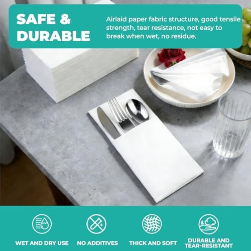 CXPSINC White Napkins Disposable with Pocket, 100Pcs Pre-Folded Airlaid Paper Dinner Napkins, Soft and Absorbent for Parties, Weddings, Dinners or Events