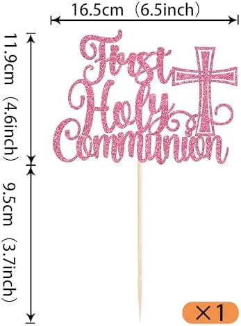 1 Pack First Holy Communion Cake Topper Glitter Cross Religious Cake Picks God Bless Cake Decorations for Baby Shower Religious Theme Kids Frist Birthday Party Decoration Supplies Pink