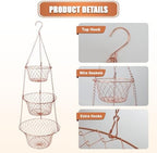 Hanging Fruit Basket – 3 Tier Hanging Baskets for Kitchen – Heavy Duty Wire Fruit and Vegetable Basket with Hooks, Copper Finish 32 Inches Kitchen Organizer, Storage Rack, Durable Iron