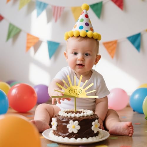 Sun One 1st Birthday Cake Topper - Gold Glitter Acrylic Cake Decor for Baby Showers, Gender Reveals & Photo Booth Props