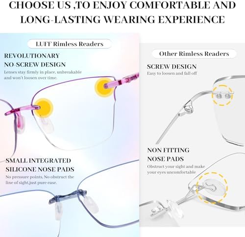 LUFF Blue Light Blocking Reading Glasses Women 3 Pack, Cat Eye Rimless Readers Lightweight Computer for Digital Eye Strain