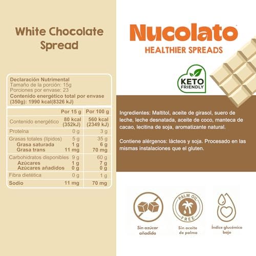 NUCOLATO | White Chocolate Spread | 12.3 oz - 350 g | Keto Friendly - No Sugar Added | Best Low Carb Dessert - Food Snacks | Perfect Topping for Cake, Bananas, Cookies, Pancakes - No Butter