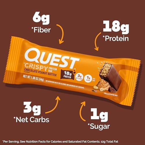 Quest Nutrition Crispy Chocolate Peanut Butter Hero Protein Bar, 18g Protein, 1g Sugar, 3g Net Carb, Gluten Free Protein Snack, Keto Friendly, 4 Count