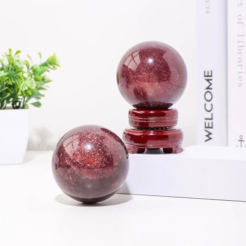 Natural Strawberry Quartz Crystals Ball with Stand Polished Healing Stone Decorative Sphere Feng Shui Ornament for Home Decor, Collection, Pocket Palm Worry Stone,1.6"/40mm