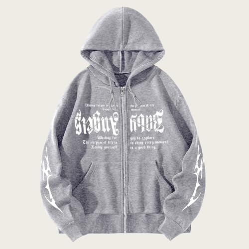 Men's Gothic Printed Hoodies Casual Long Sleeve Zip Up Hoodie Y2K Long Sleeve Sweatshirts