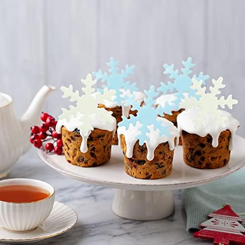 Gyufise 50Pcs Blue White Edible Cupcake Toppers Snowflakes Cake Toppers Snowflakes Cake Decoration Winter Frozen Birthday Party Supplies