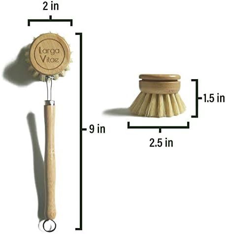 Wooden Dish Brush Made of Renewable Bamboo Wood and Natural Bristle Tampico Fiber, includes 5 Replacement Brush Heads, Durable, Long Lasting, All Purpose Kitchen Scrubber