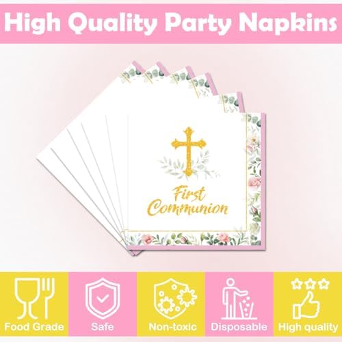 50Pcs First Communion Napkins - Gold Cross First Holy Communion Napkins, Pink Religious Paper Towels for Christening Table Decor
