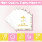 50Pcs First Communion Napkins - Gold Cross First Holy Communion Napkins, Pink Religious Paper Towels for Christening Table Decor