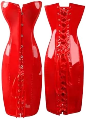 Women's PVC Leather Lace Up Corset Dress Bodycon Long Strapless PU Dresses Steampunk Clubwear Dress Plus Size