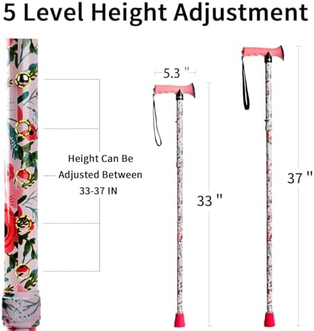 Walking Cane for Men and Women, Foldable Floral Lightweight Adjustable Portable for Folding Canes, Comfortable T-Handle for Seniors Adults