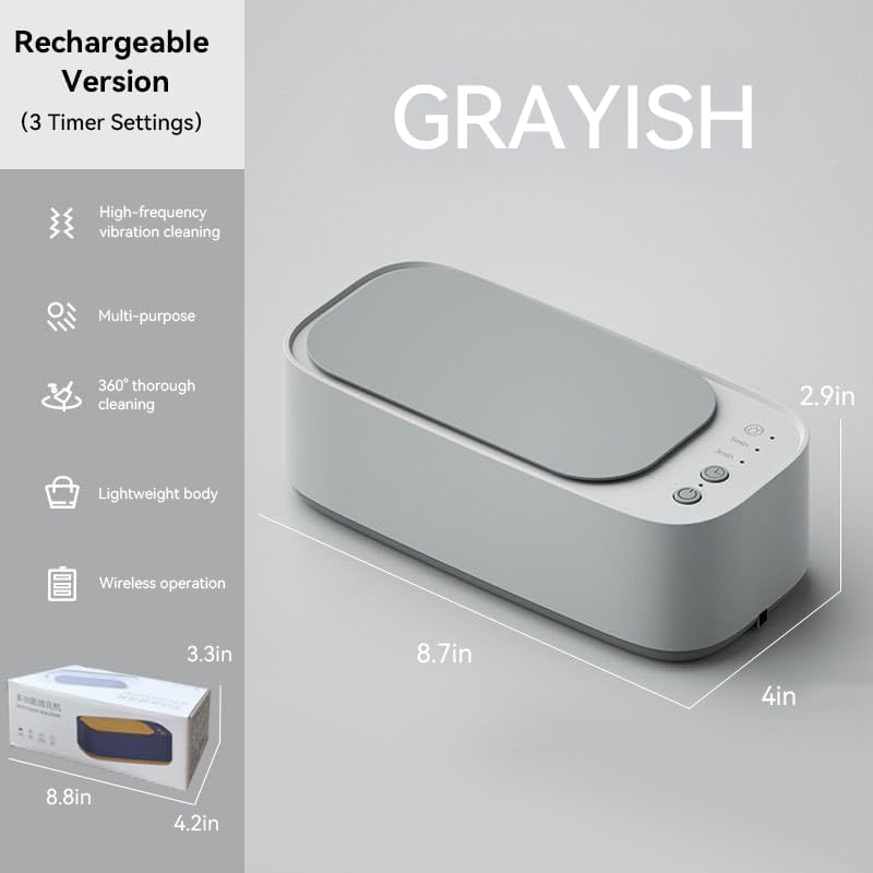 Automatic Ultrasonic Cleaner Machine, Portable for Glasses, Jewelry, Dentures, Makeup Brushes, Contact Lenses - Multi-Use Home & Travel Cleaning Device (GRAYSH)