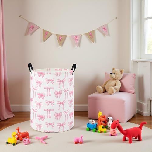 HIYAGON Baby Laundry Hamper Basket Baby Hamper for Nursery Boy and Girl Cute Kids Toys Storage Bin Organizer Boho Room Decor(Pink Bowknot)