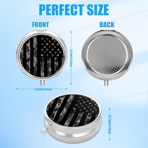 Black Camo American Flag Pill Case, Pill Box 3 Compartments Metal Small Pill Holder with Mirror Mini Travel Pill Container for Purse Pocket Women Men