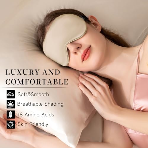 THXSILK Sleep Mask 100% 19 Momme Pure Mulberry Silk Super Smooth Cooling Sleep Eye Mask Blackout for Women/Man/Kids Eye Cover with Wide Head Strap Good Night Sleep Comfortable Travel and Nap Champagne