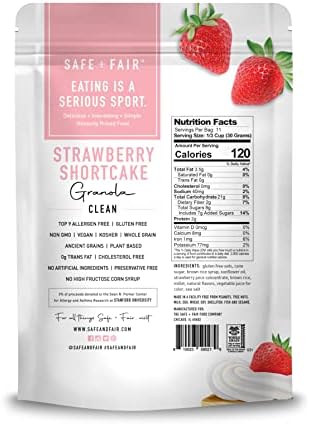 Safe + Fair Strawberry Shortcake Granola – Gluten-Free, Dairy-Free & Vegan Snack – Allergen-Free, Non-GMO, and No Artificial Ingredients - 12oz