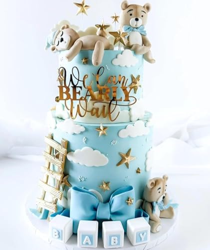 "We Can Bearly Wait" Baby Shower Cake Topper, Gold Acrylic Bear Theme Party Cake Topper, Welcome Baby,Pregnancy Announcement,Baby to Be for Baby Shower Party Supplies,Gender Reveal Photo Props