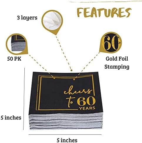 Cheers to Years Cocktail Napkins - 50 PK - 3-Ply Birthday Napkins 5x5 Inches Disposable Party Napkins Beverage Paper Napkins or Birthday Decorations Wedding Anniversary Black and Gold (60 Years)