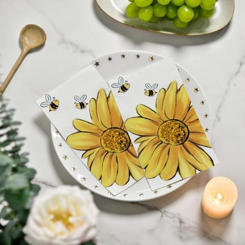 Horaldaily 100 Spring Disposable Paper Decorative Guest Napkins, Sunflower Bee Hand Towel for Party Lunch Dinner Kitchen Bathroom