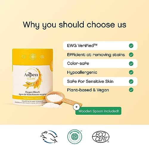 AspenClean | Unscented Oxygen Bleach Powder | Color Safe Laundry Stain Remover | Bleach Alternative | EWG Verified™, Hypoallergenic, Non-Toxic | 45 Loads