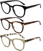 HIYANJN 3 Pack Bifocal Reading Glasses for Women Fashion Black/Tortoise/Green Colorful Round Frame Readers With Spring Hinger