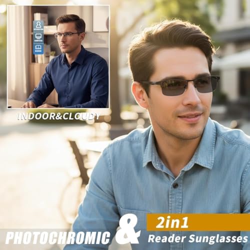 FEISEDY Blue Light Blocking Photochromic Multifocal Progressive Reading Glasses Vintage Half Frame UV400 Protection B1388