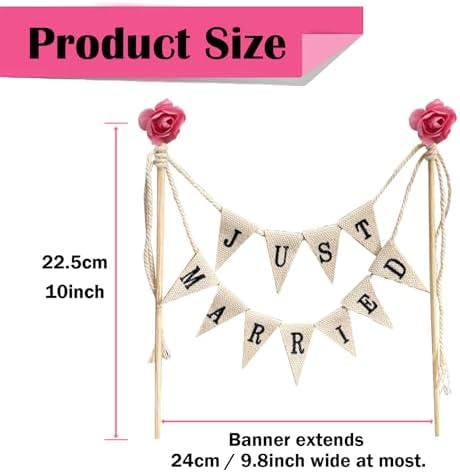 Wedding Cake Topper,Family Party Cake Topper,Vintage Affair Rustic Just Married Wedding Cake or Cheese Bunting,Handmade Pennant Flags with Wood Pole Ivory