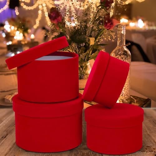 GnFlus Red Gift Boxes with Lids for Presents Set of 4 Round Velvet Nesting Christmas Gifts Box for Arrangements Flowers Wedding Birthday Valentines Bridesmaid Party Anniversary